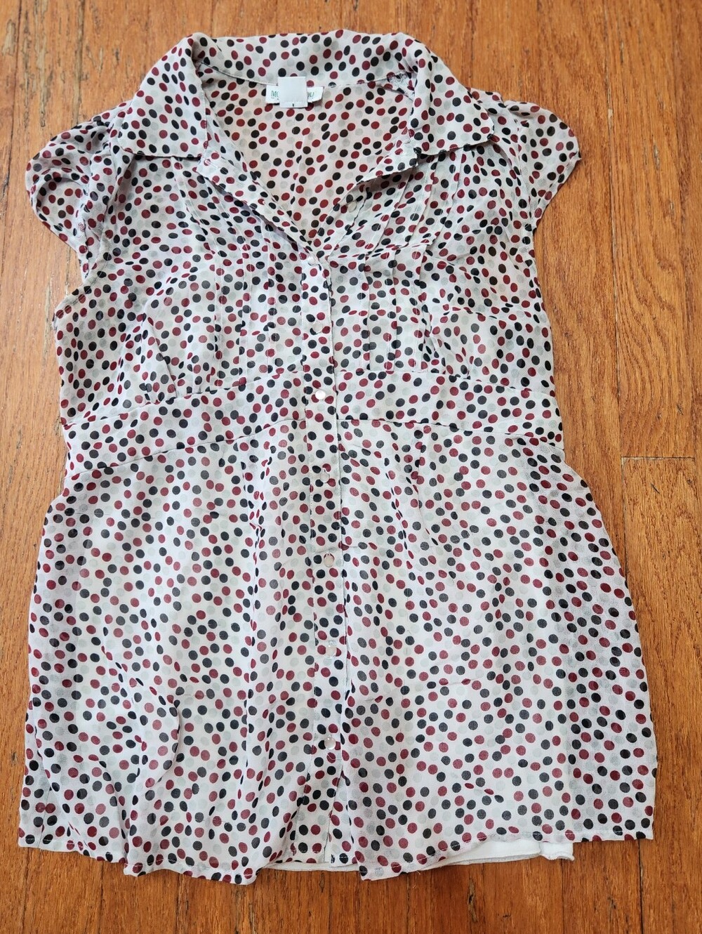 Motherhood White Polka Dot Top with Red, Black and Gray Dots